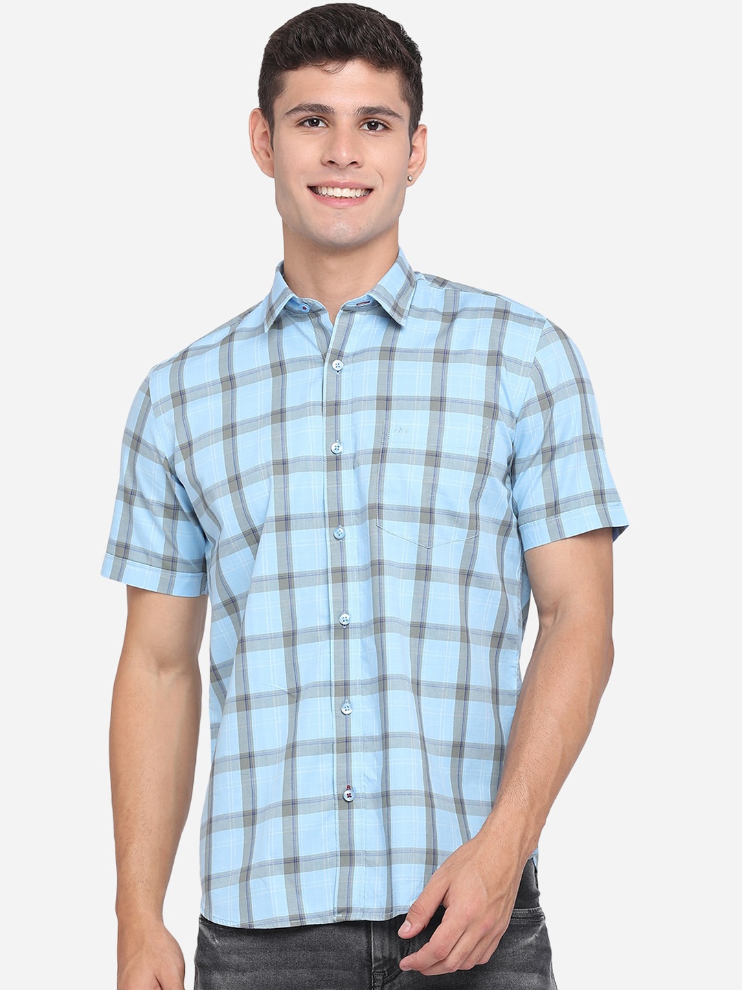 

JADE BLUE Men Pure Cotton Blue Slim Fit Windowpane Checks Casual Shirt