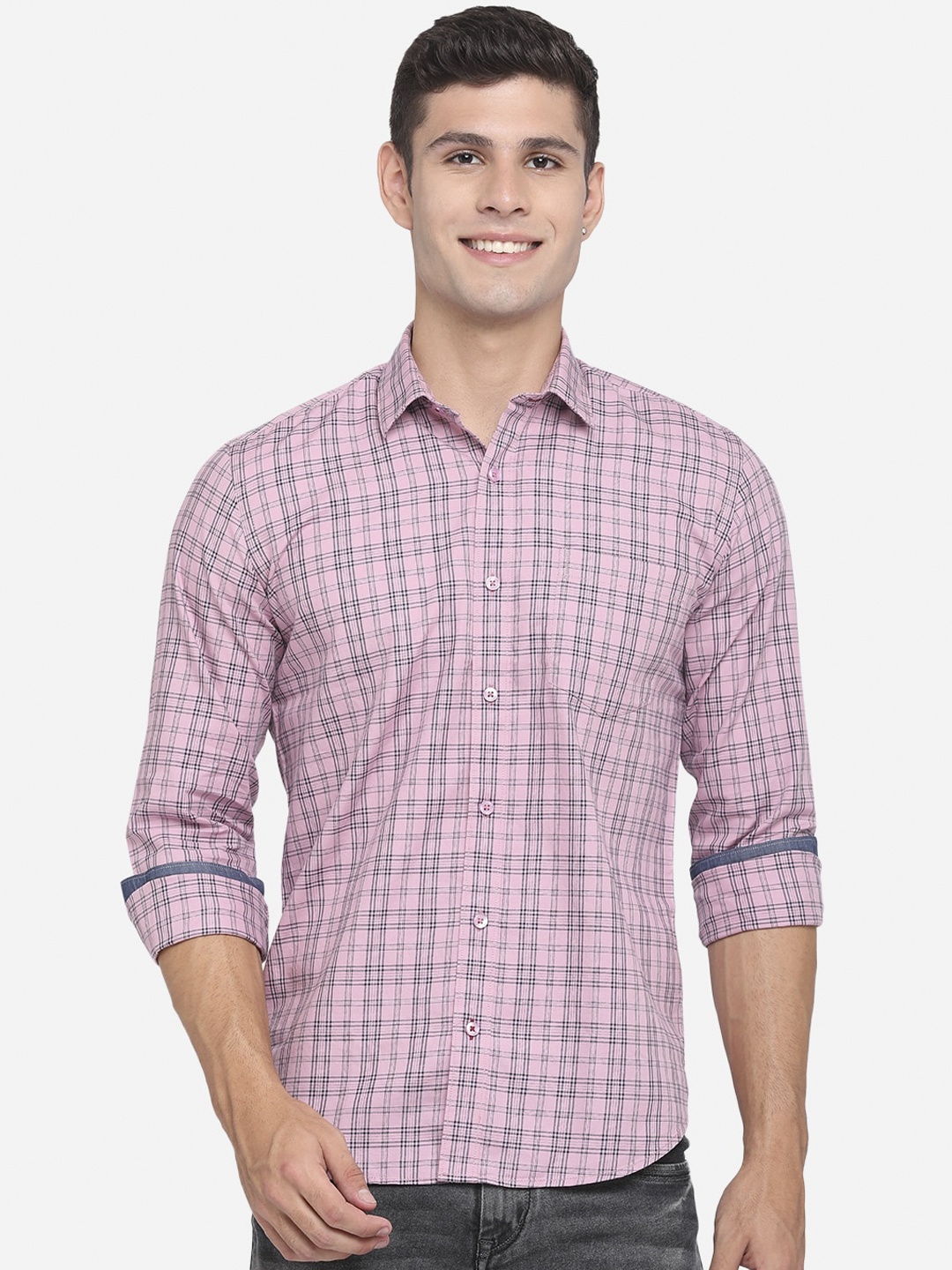 

JADE BLUE Men Pink Slim Fit Tartan Checks Opaque Checked Casual Shirt