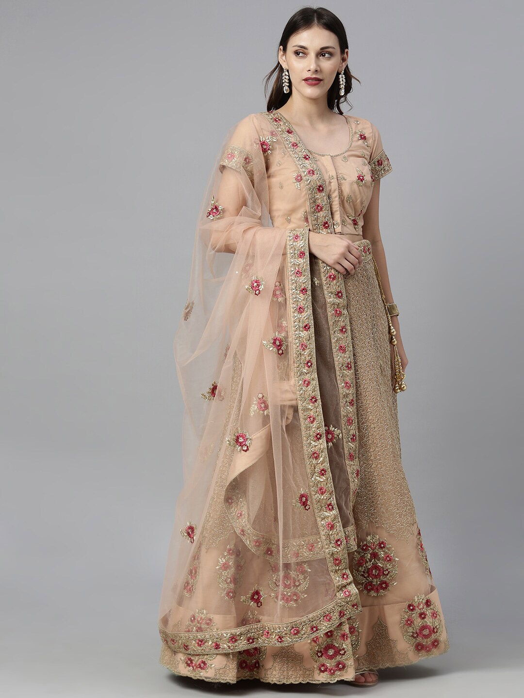 

The Chennai Silks Women Brown Embroidered Ready To Wear Lehenga Choli with Dupatta