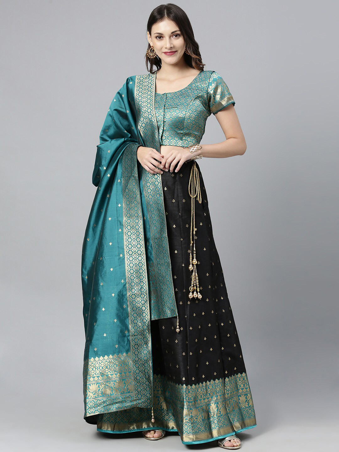 

The Chennai Silks Black & Blue Woven Designed Ready To Wear Lehenga Choli with Dupatta