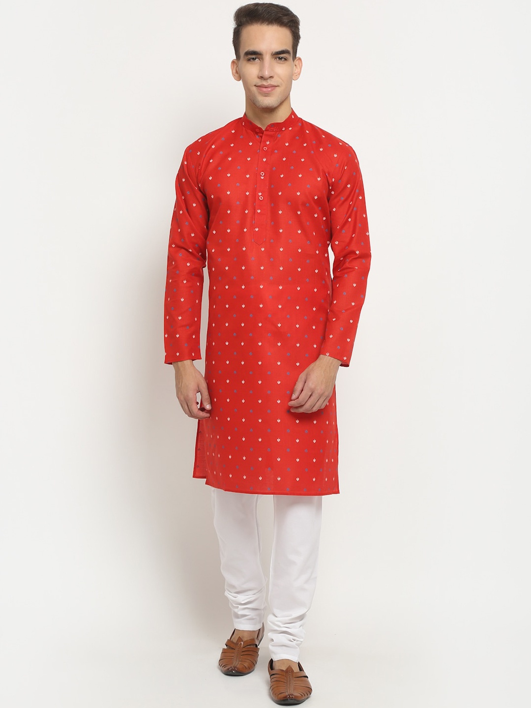 

NEUDIS Men Red & White Ethnic Motifs Printed Indie Prints Handloom Kurta