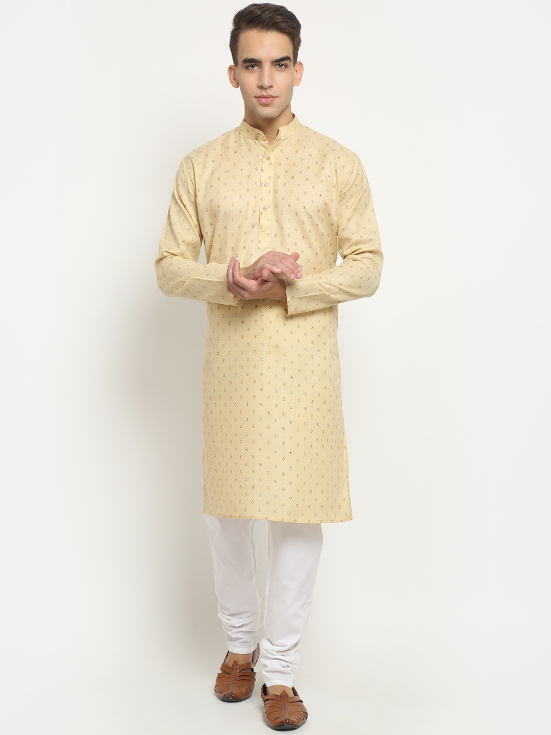 

NEUDIS Men Beige & White Printed Layered Pure Cotton Kurta with Churidar