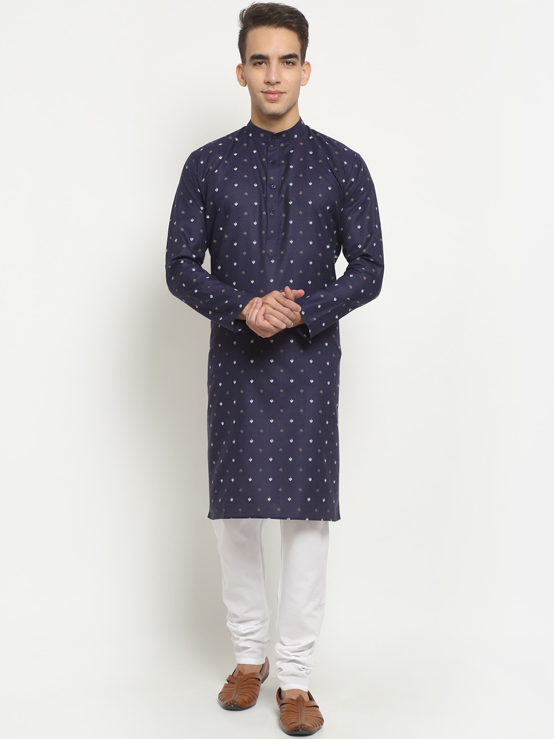 

NEUDIS Men Navy Blue & Off White Geometric Printed Indie Prints Handloom Kurta