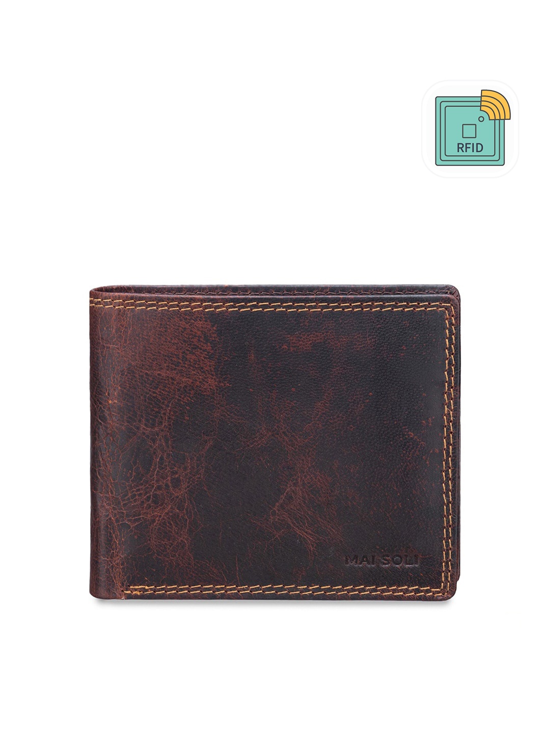 

MAI SOLI Men Brown Genuine Leather RFID Protected Dark Vintage Two Fold Wallet