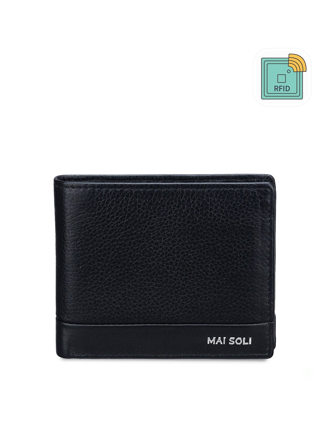 

MAI SOLI Men Black Textured Genuine Leather RFID Protected Two Fold Wallet
