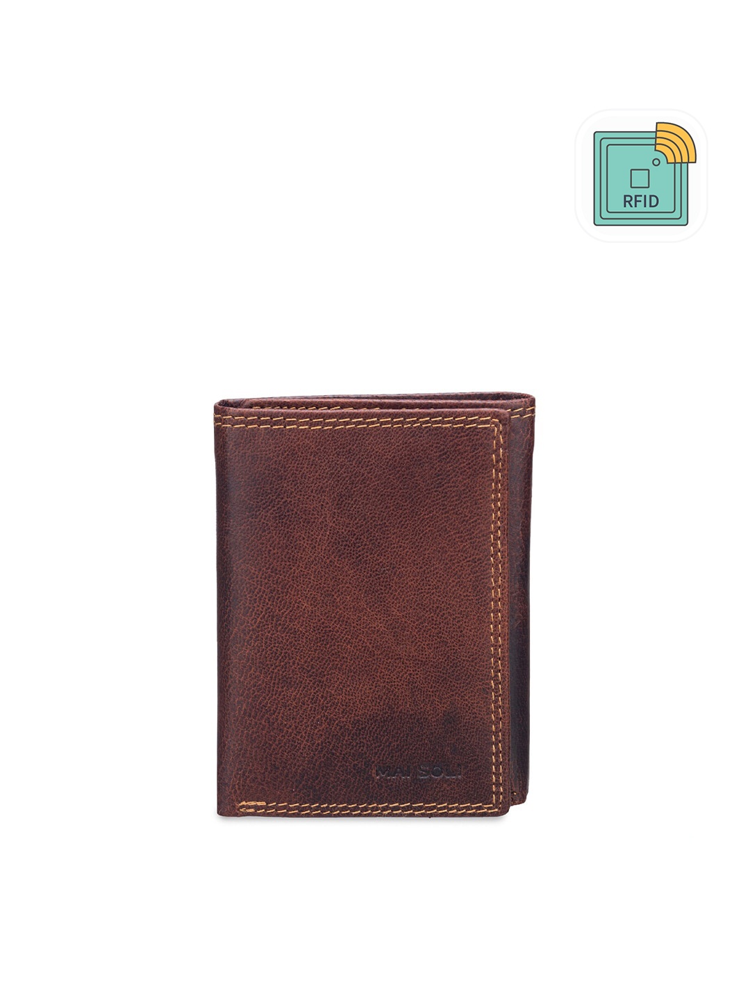 

MAI SOLI Men Brown Genuine Leather RFID Protected Dark Vintage Three Fold Wallet