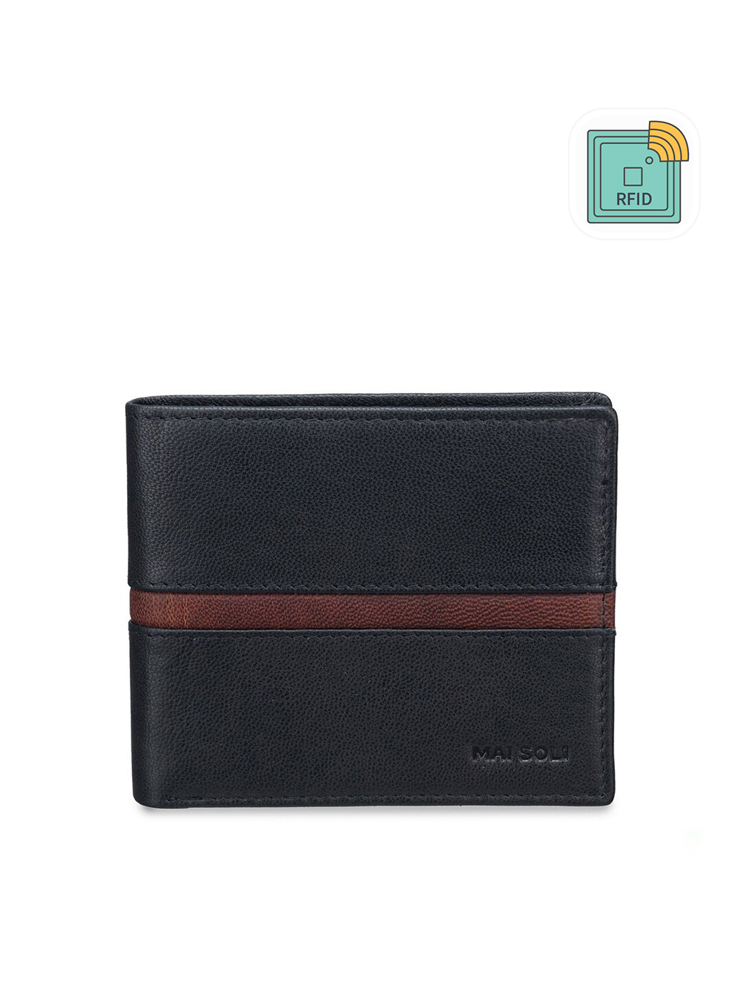 

MAI SOLI Men Black Genuine Leather RFID Protected Spark Two Fold Wallet