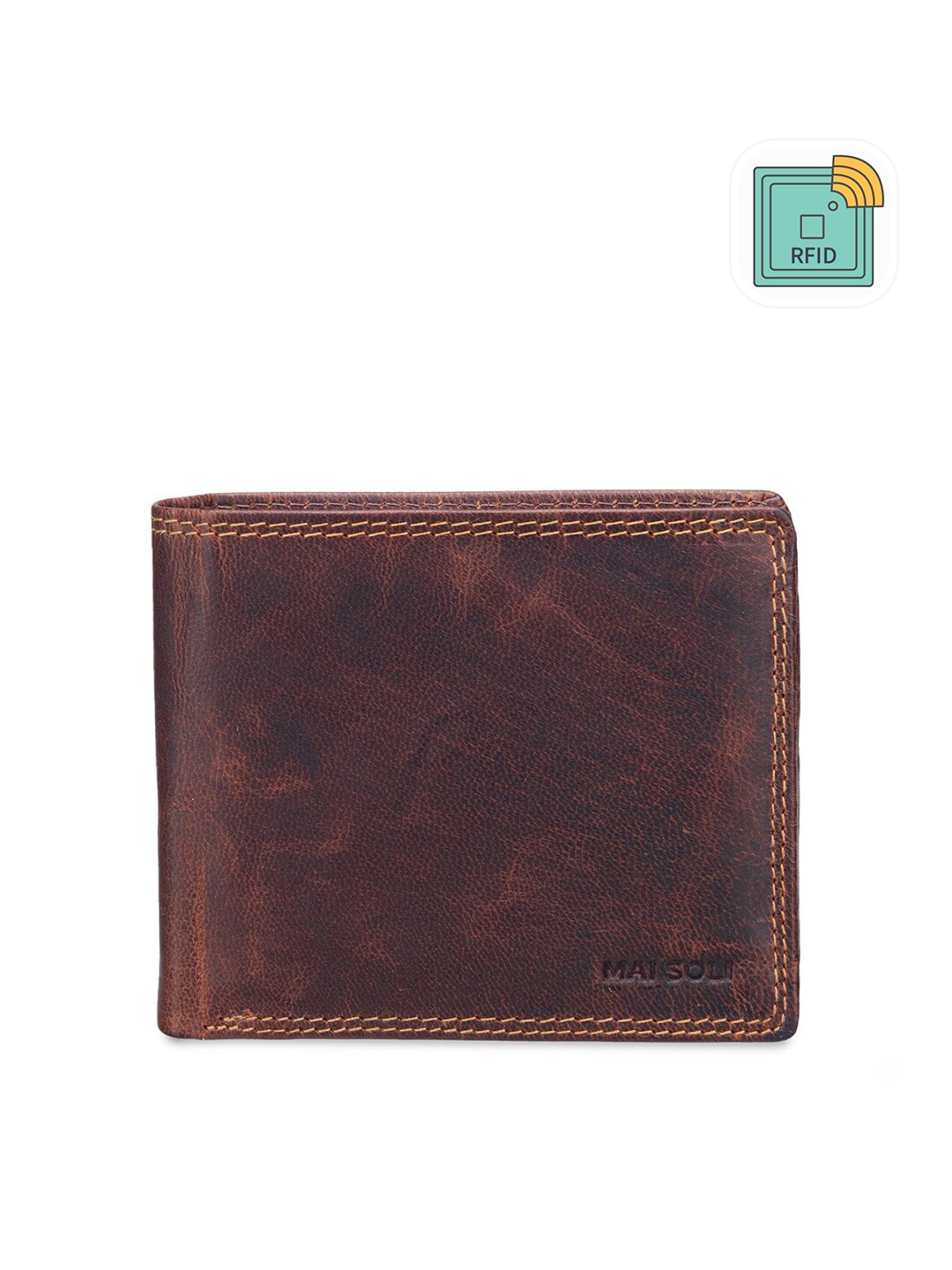 

MAI SOLI Men Brown Genuine Leather RFID Dark Vintage Two Fold Wallet With Flap & Loop