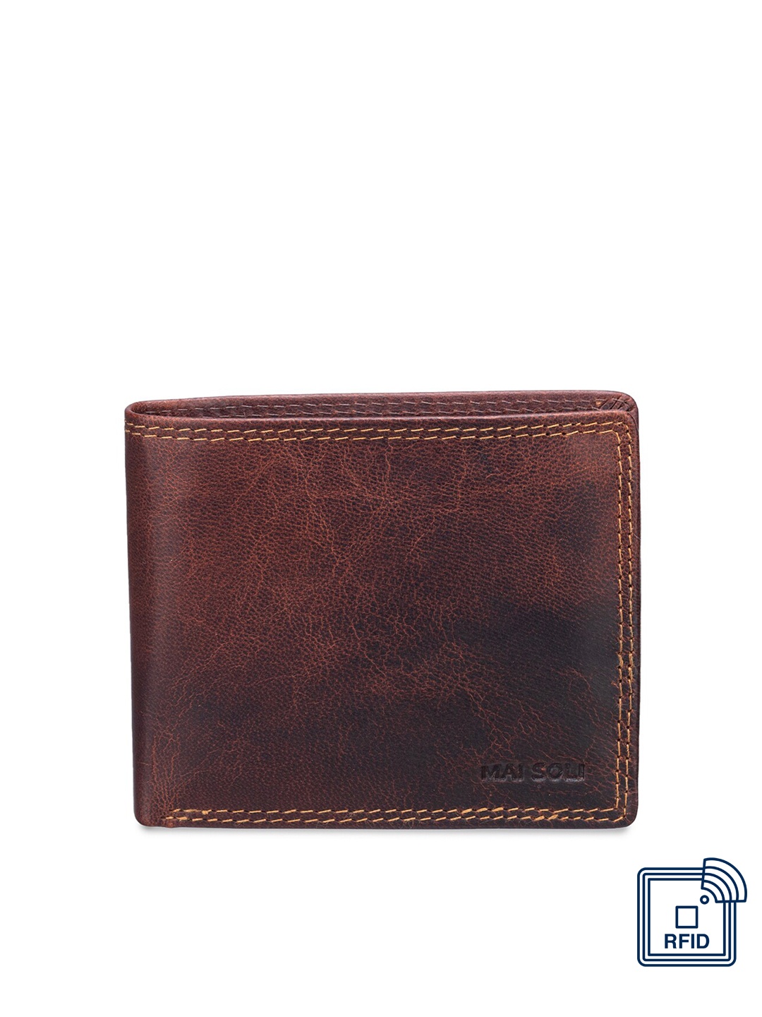 

MAI SOLI Men Brown Genuine Leather RFID Protected Dark Vintage Two Fold Wallet