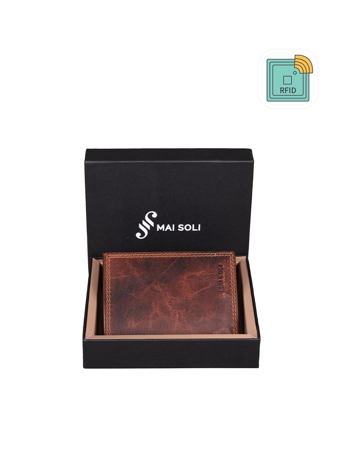 

MAI SOLI Men Brown Textured Genuine Leather RFID Protected Dark Vintage Three Fold Wallet