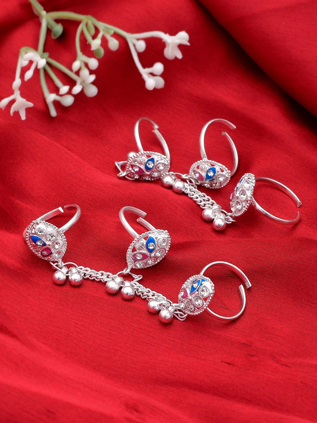 

Silvermerc Designs Set Of 2 Silver-Plated Blue & Pink Handcrafted Adjustable Triplet Toe Rings