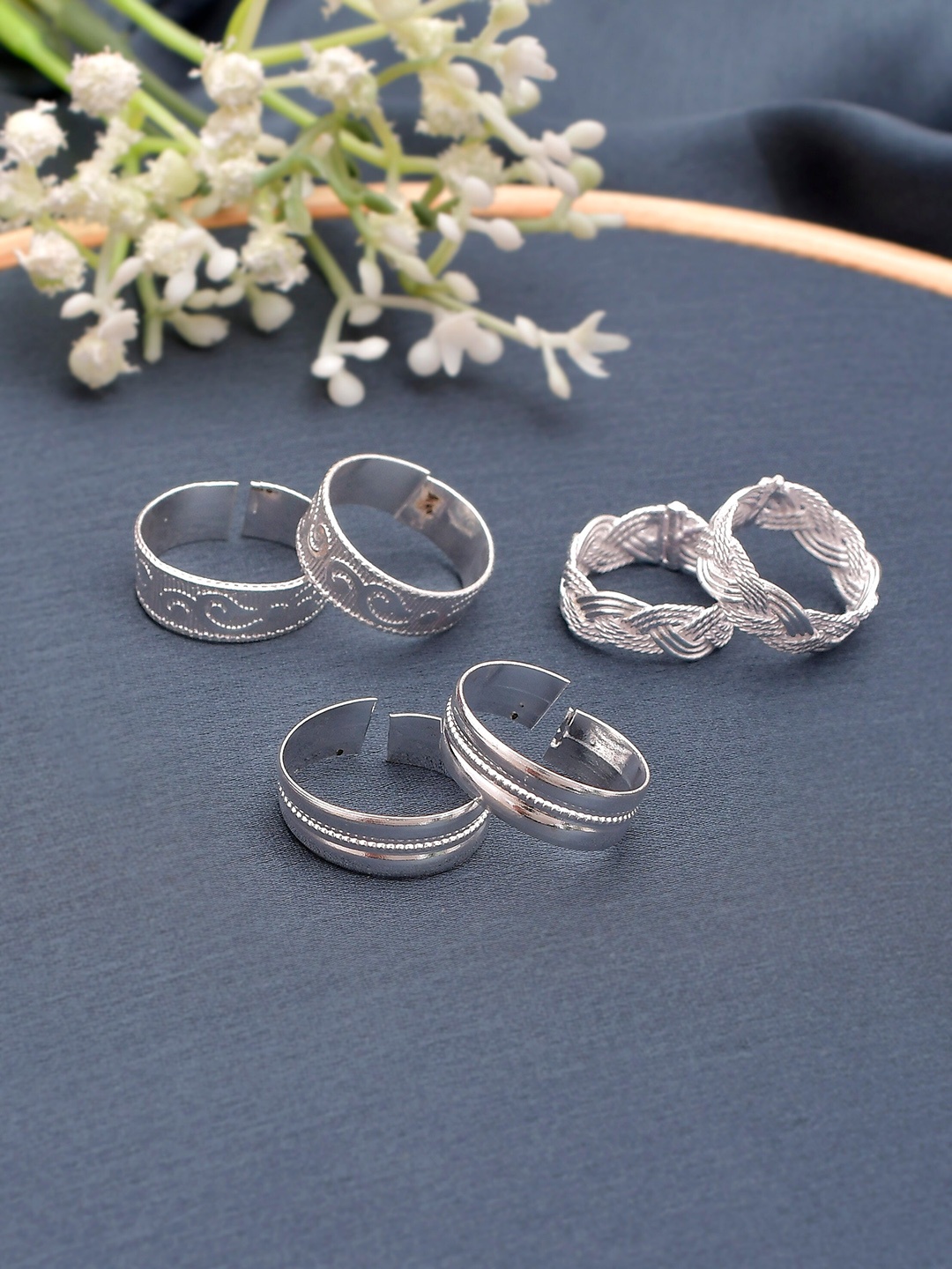 

Silvermerc Designs Set Of 3 Silver-Plated Stone-Studded Beaded Adjustable Toe Rings