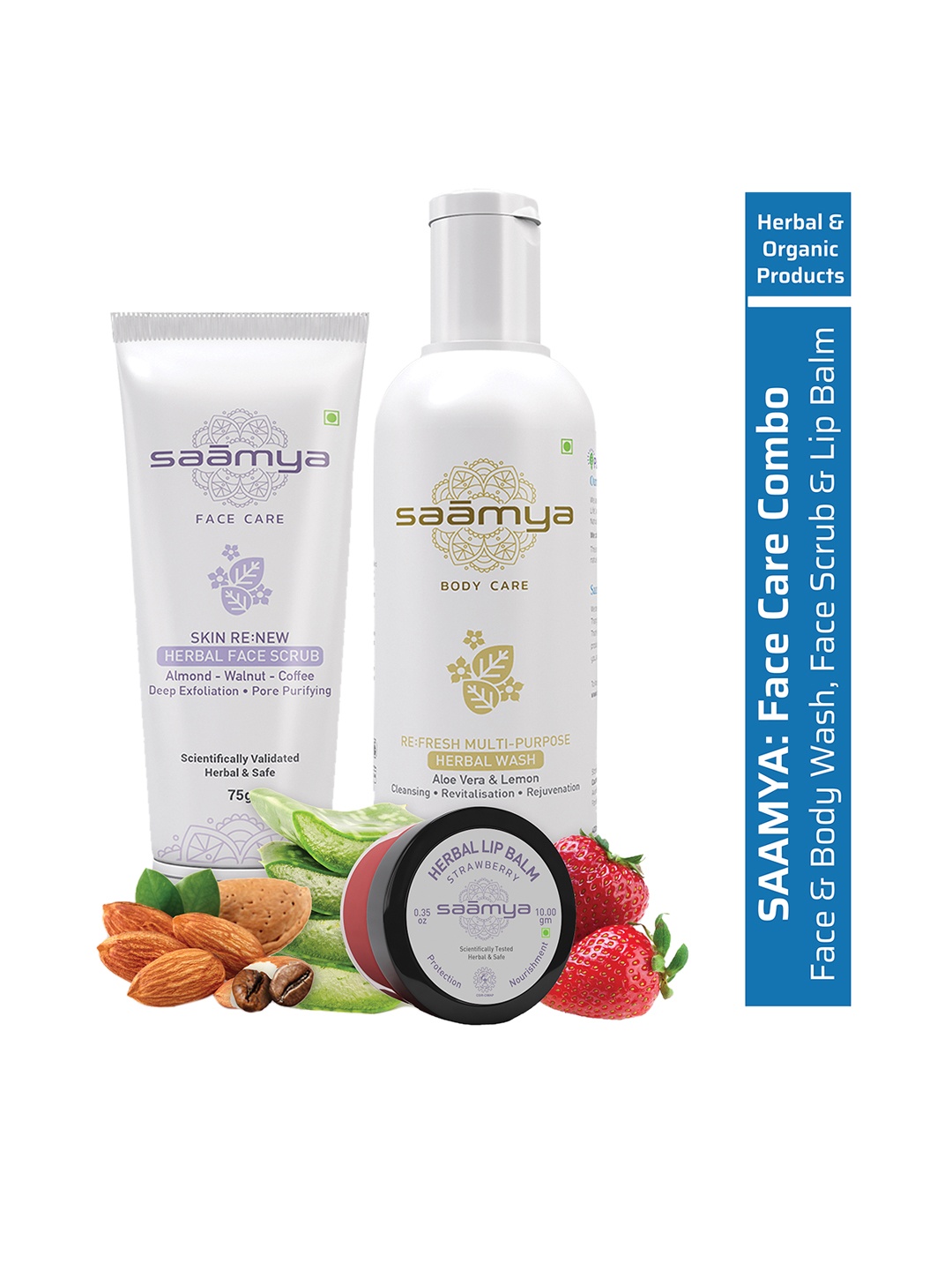 

Saamya Herbal Face & Body Wash With Face Scrub & Strawberry Lip Balm, White