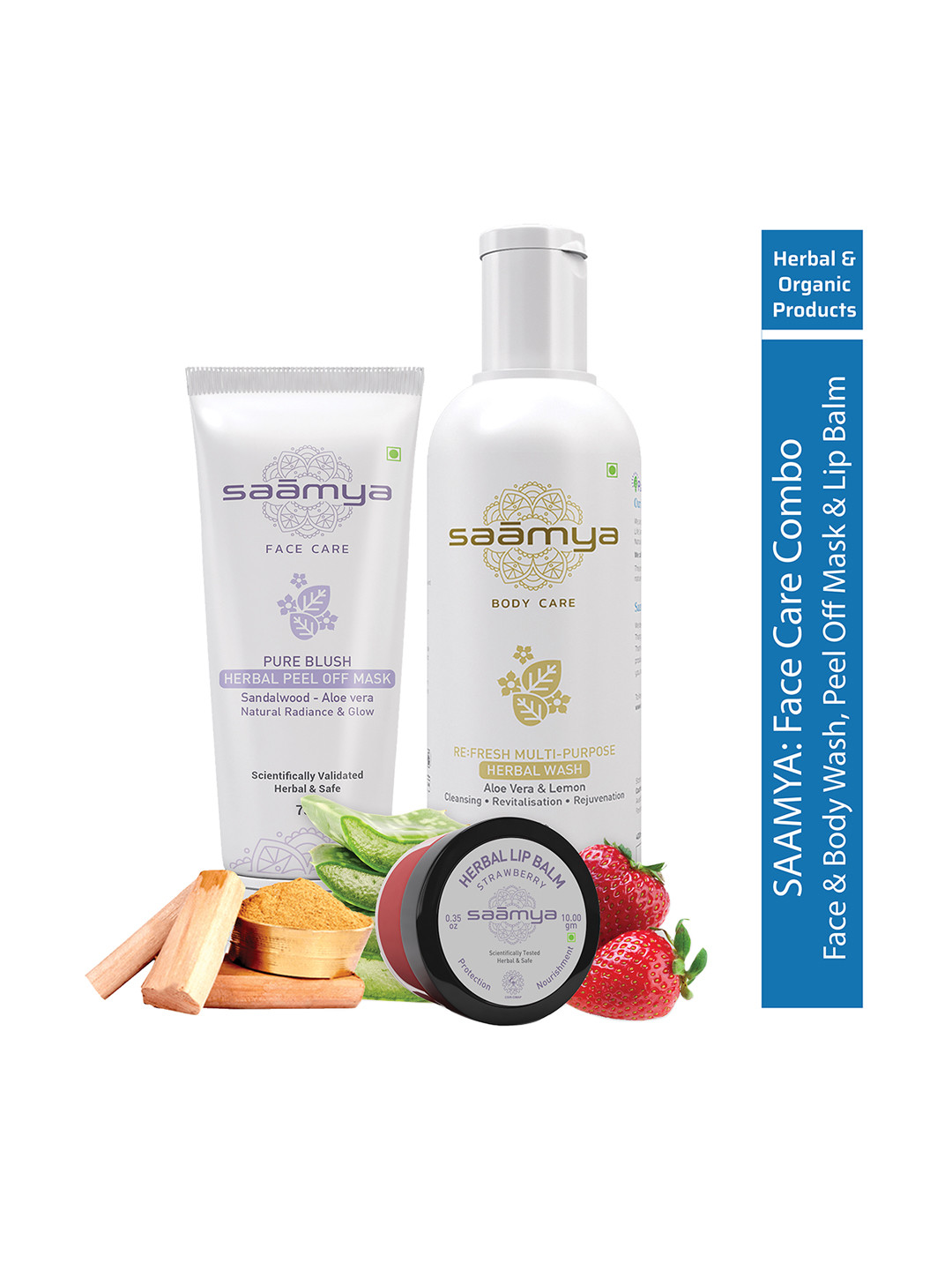 

Saamya Set of Herbal ReFresh Body Wash Pure Blush Peel off Mask & Strawberry Lip Balm, Lime green