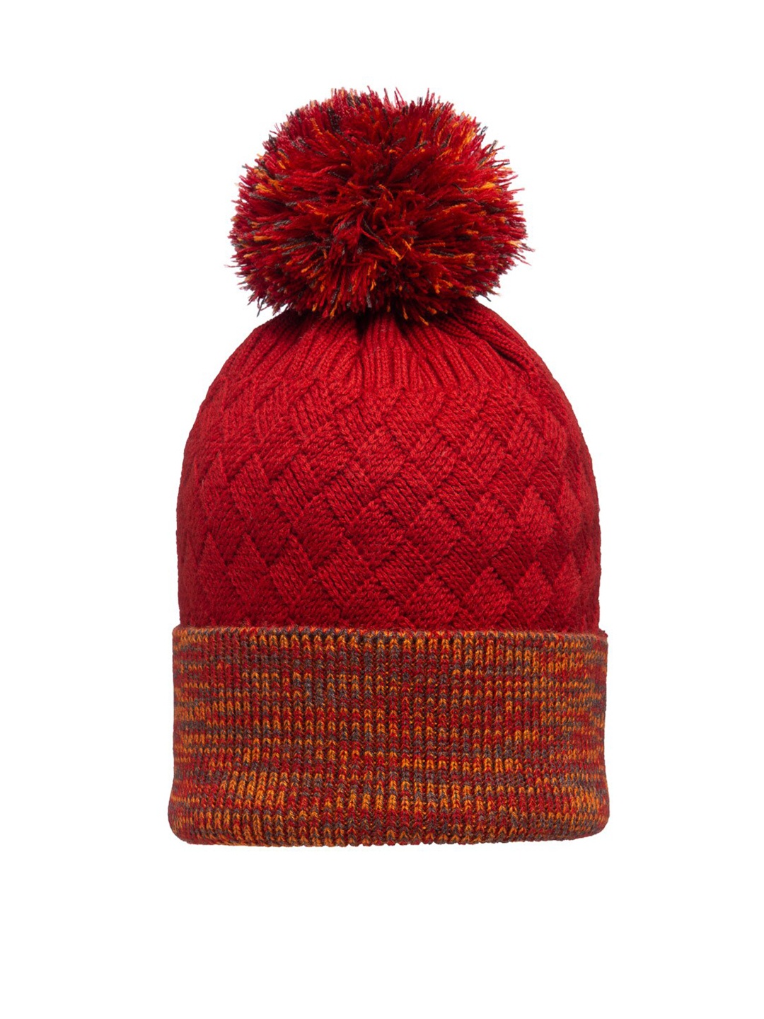 

513 Women Red & Orange Self Design Knitted Beanie