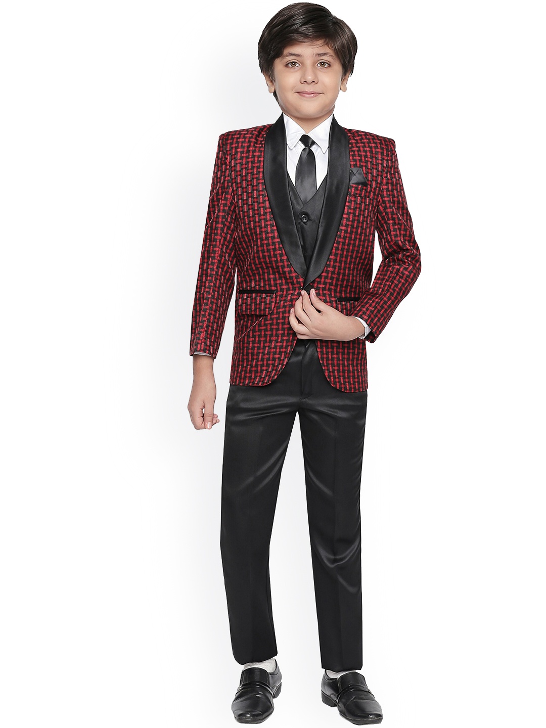 

Jeetethnics Boys Red & Black Checked Single-Breasted 4 Piece Party Suit