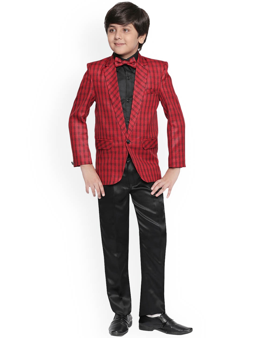 

Jeetethnics Boys Red Checked 3-Piece Single-Breasted Suit