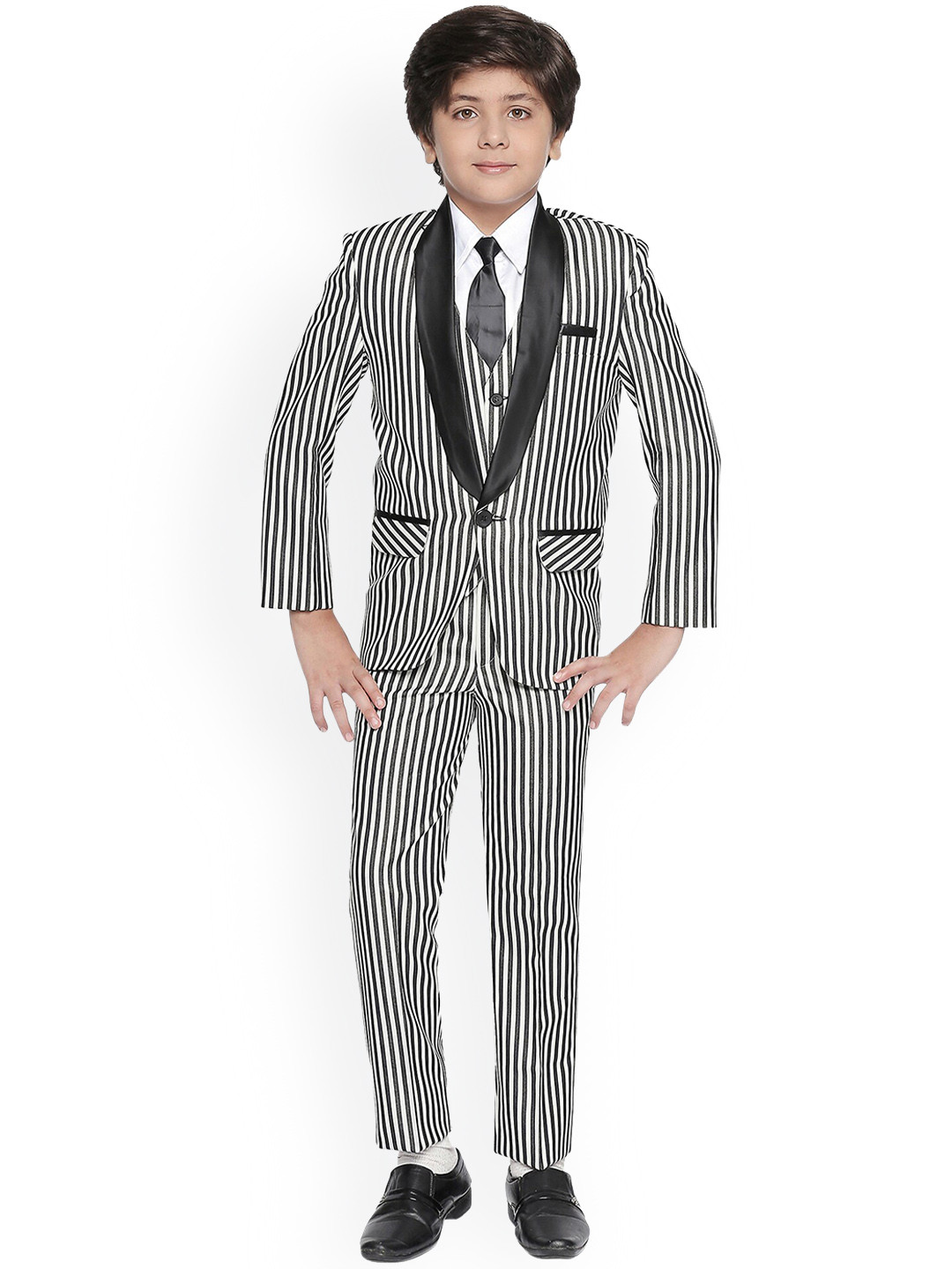 

Jeetethnics Boys White & Black Striped 4-Piece Single-Breasted Suit