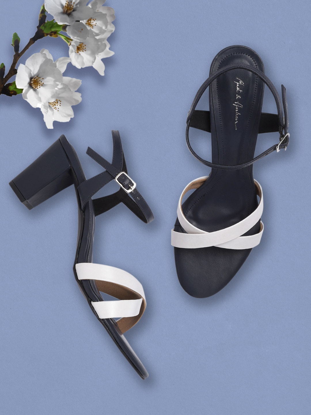 

Mast & Harbour White & Navy Blue Colourblocked Handcrafted Block Heels