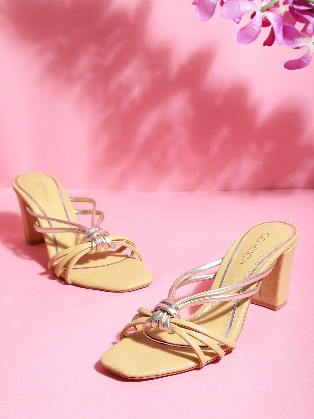 CORSICA Women Yellow & Gold-Toned Strappy Handcrafted Block Heels