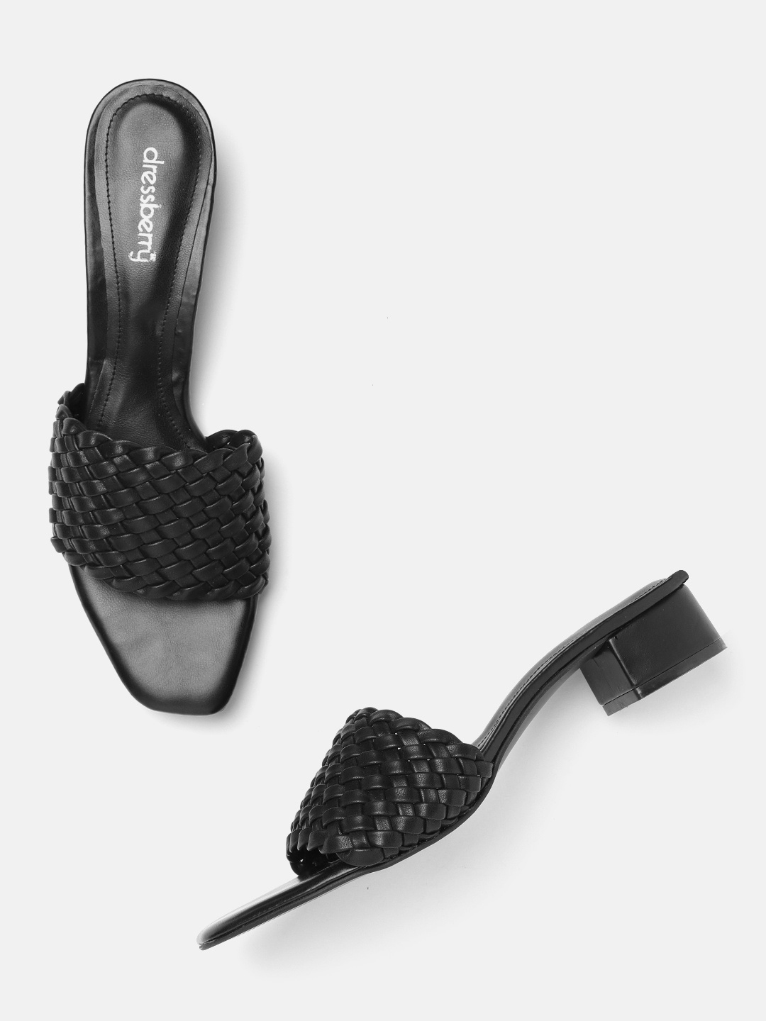 

DressBerry Women Black Basket Weave Woven Design Block Heels