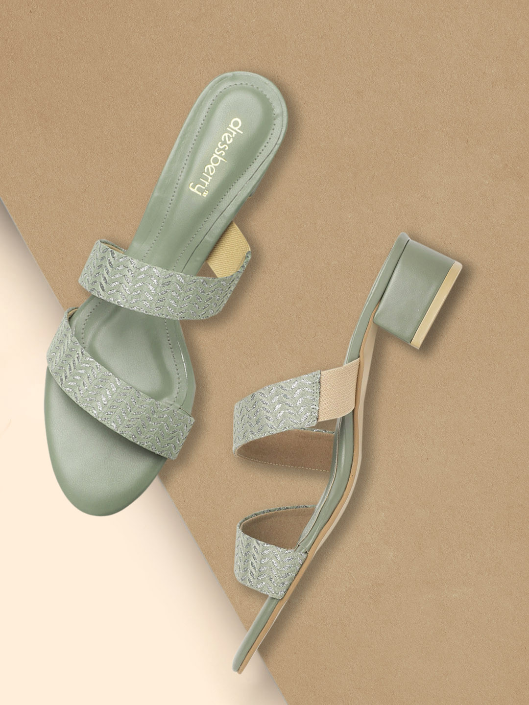 

DressBerry Women Green & Silver-Toned Woven Design Block Heels