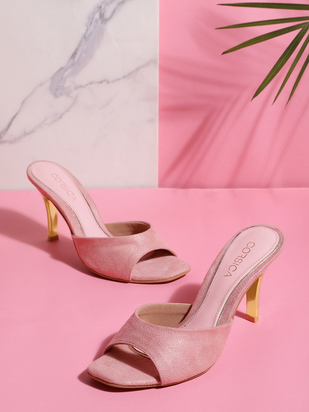 

CORSICA Women Pink & Gold-Toned Dot Print Handcrafted Heels