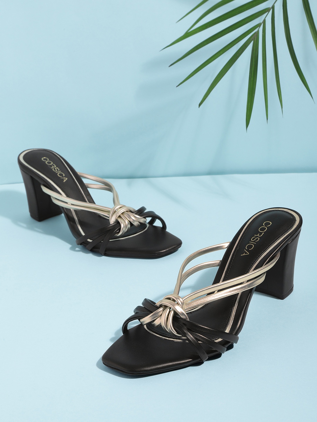 

CORSICA Women Black & Gold-Toned Colourblocked Handcrafted Block Heels
