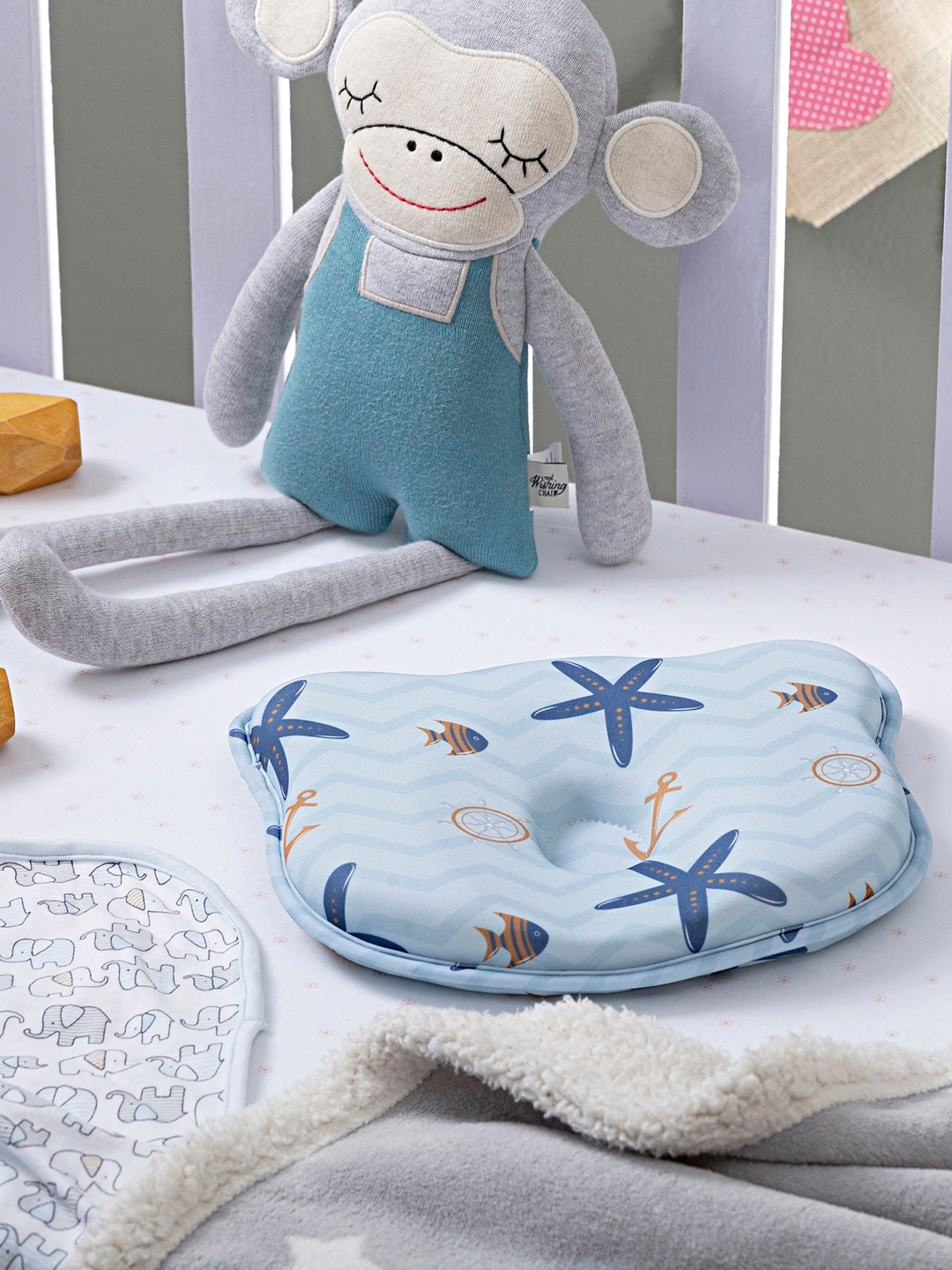 

The White Willow Infant Kids Blue & Tan-Brown Printed Memory Foam Baby Pillow