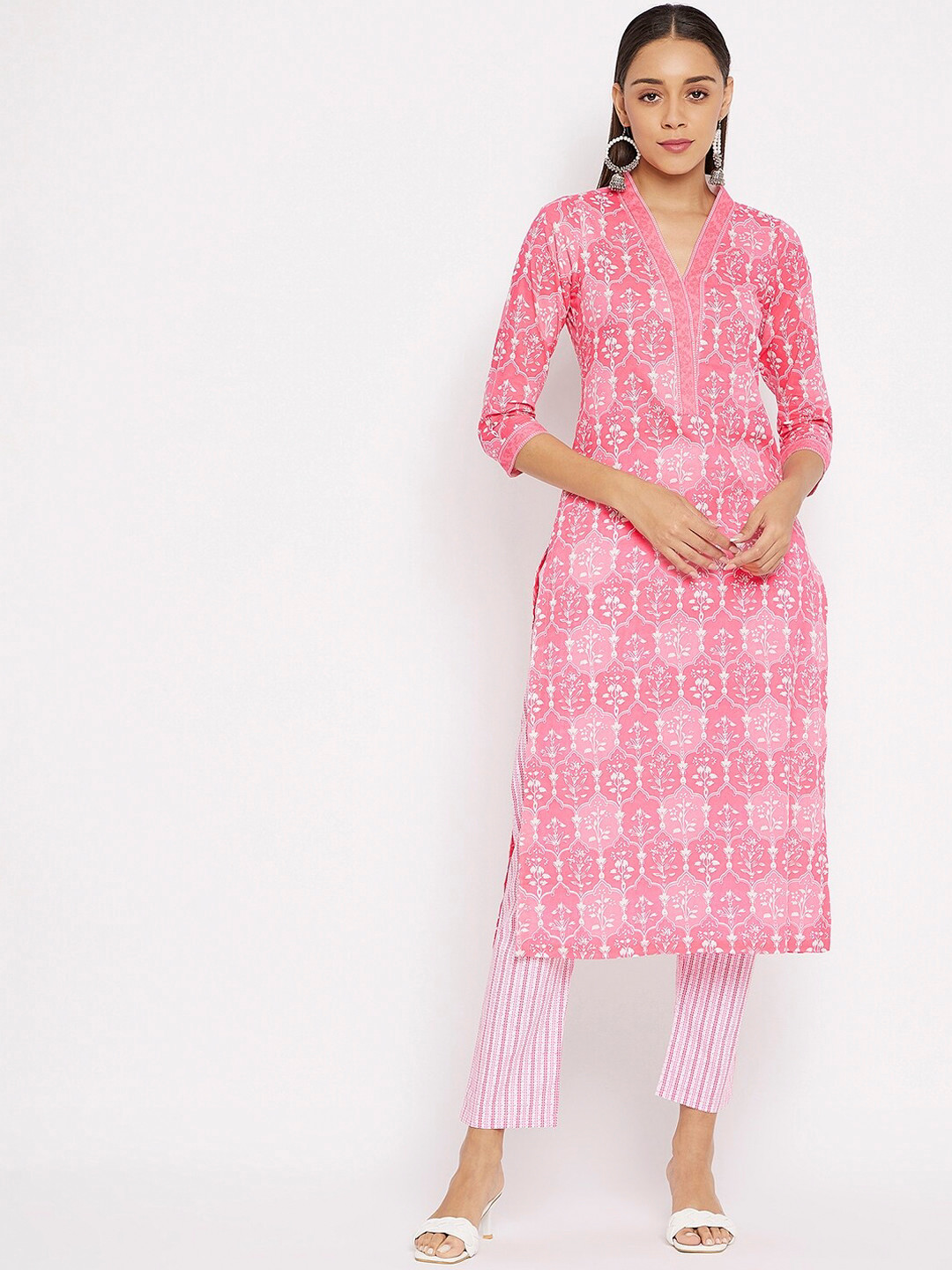 

Tissu Women Pink Printed Regular Pure Cotton Kurta with Trousers