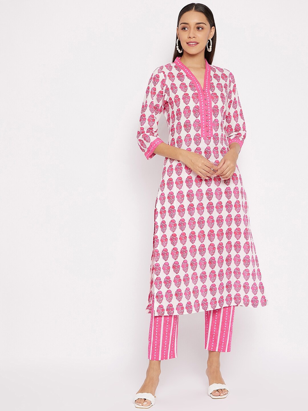 

Tissu Women Pink & White Ethnic Motifs Printed Regular Pure Cotton Kurta With Trousers