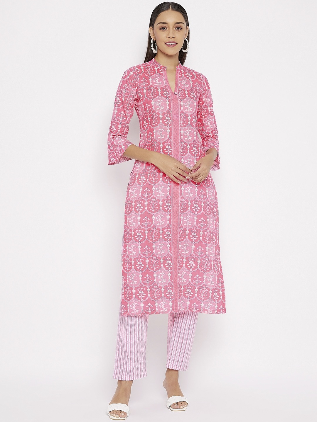 

Tissu Women Pink Floral Printed Regular Cotton Straight Kurta with Trousers