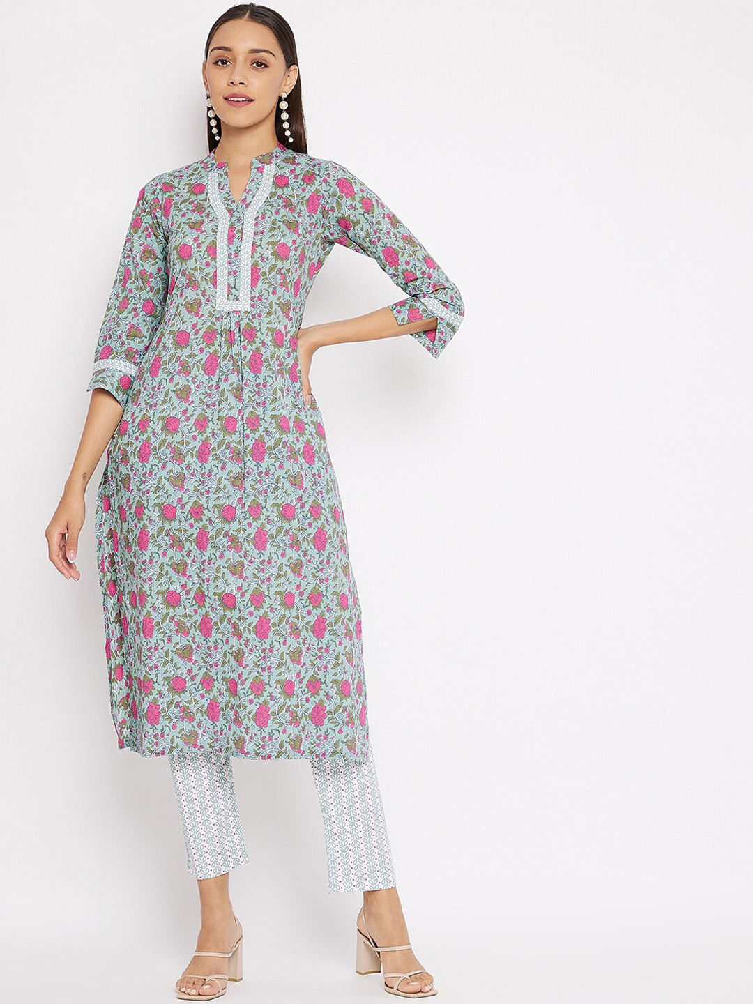 

Tissu Women Green &P[ink Floral Printed Regular Pure Cotton Kurta with Trousers