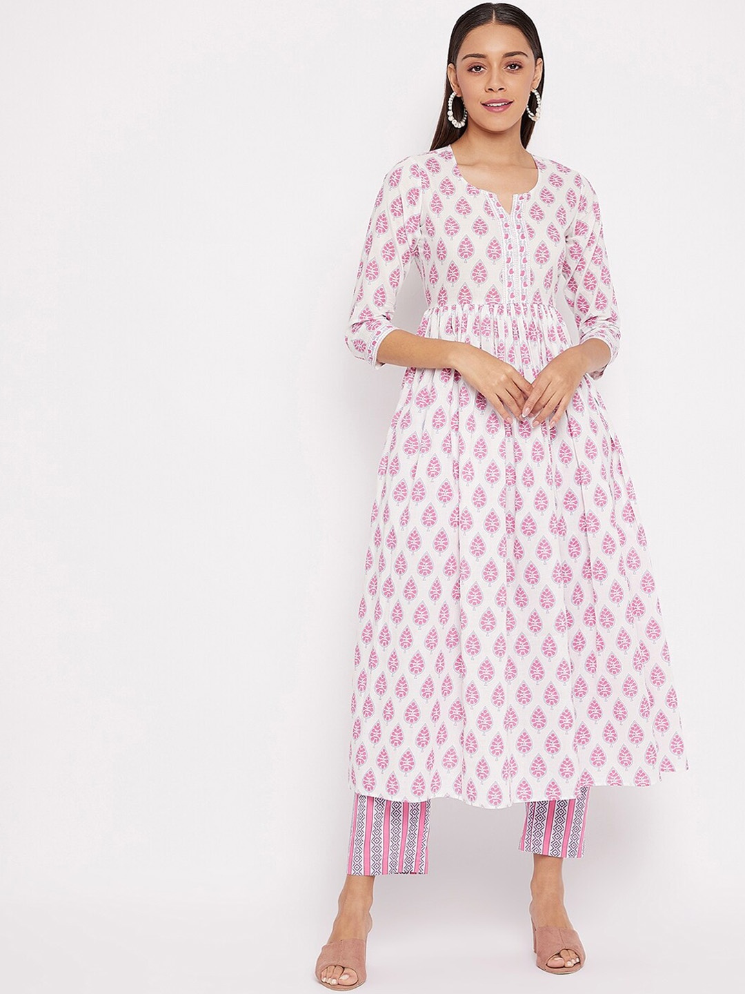 

Tissu Women White & Pink Ethnic Motifs Printed Regular Cotton A-line Kurta with Trousers