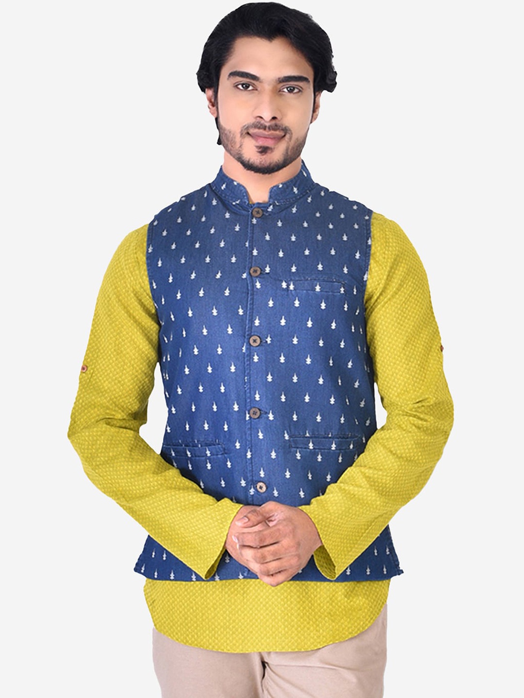 

Manthan Men Blue & White Self Design Nehru Jacket