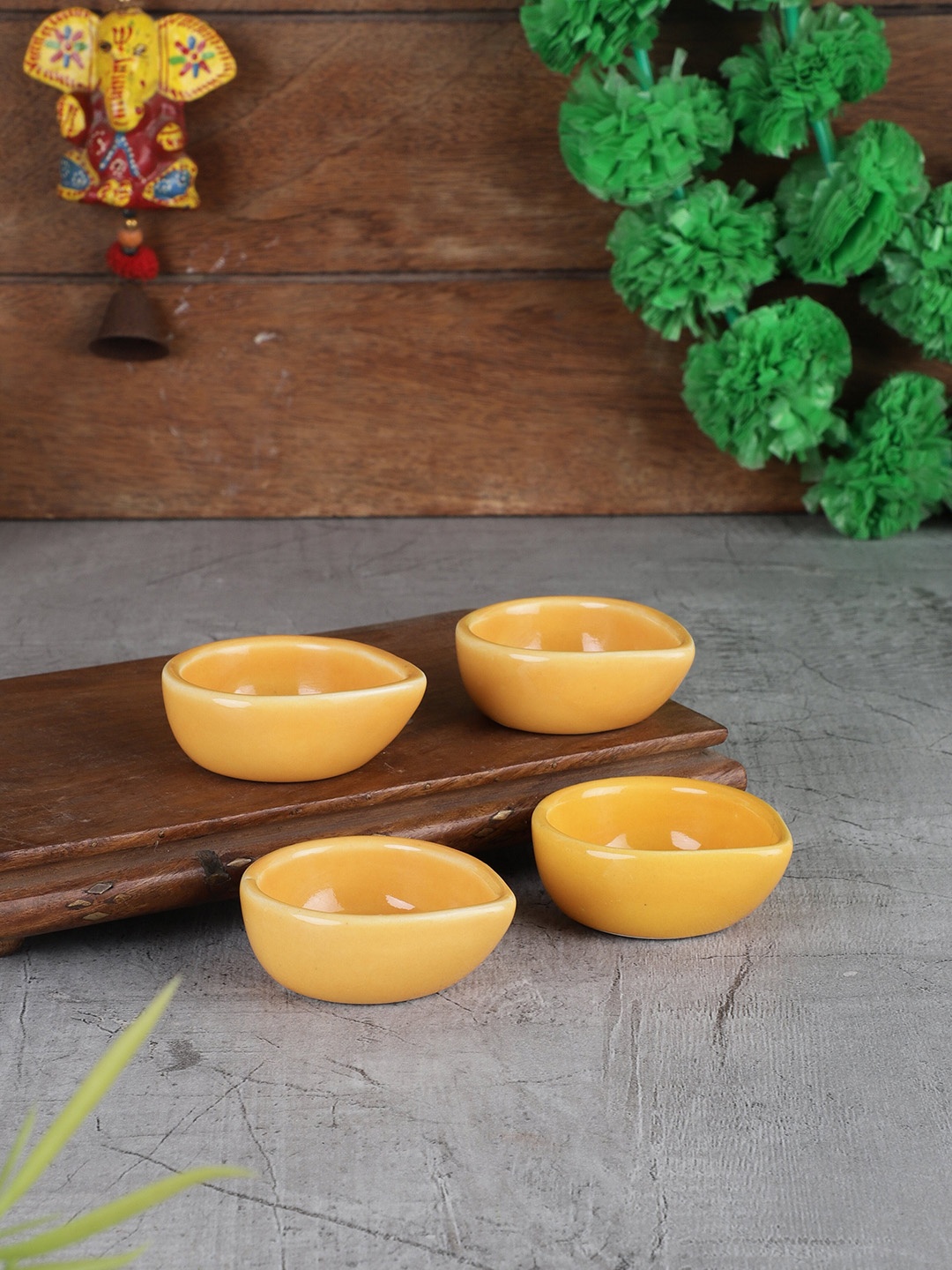 

MIAH Decor Set of 4 Handmade Traditional Ceramic Diya, Yellow