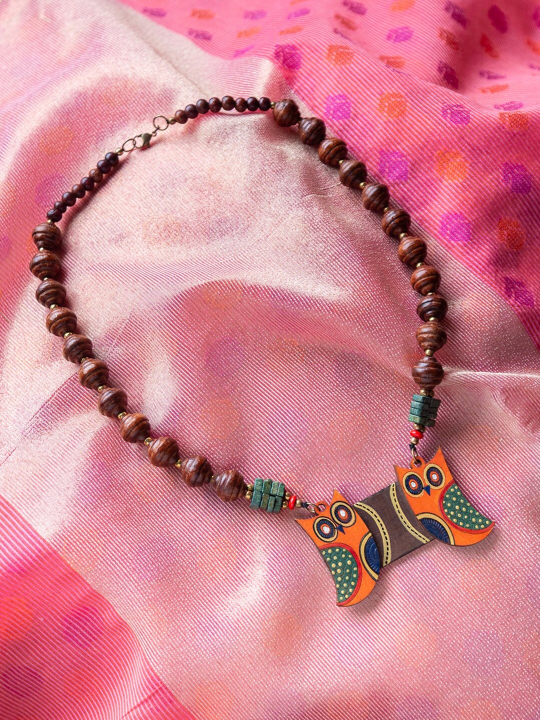 

ExclusiveLane Symphony of Owls Gold-Toned Bohemian Wooden Necklace, Orange