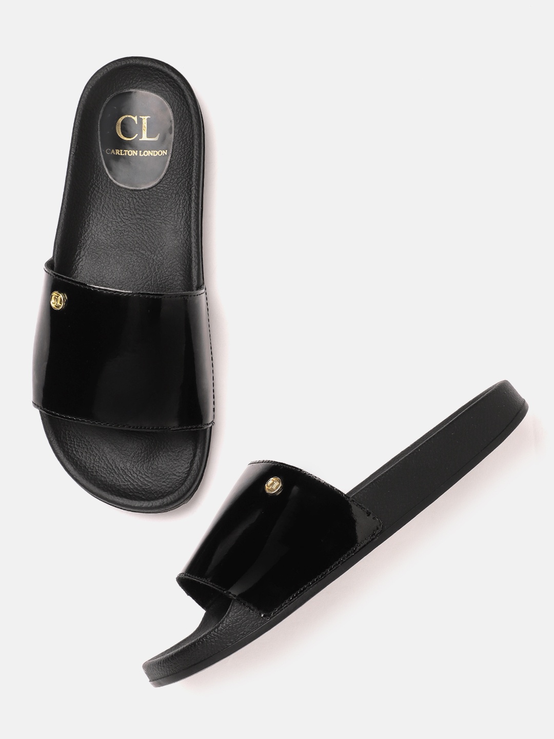 

Carlton London Women Black Solid Open Toe Flats with Patent Finish