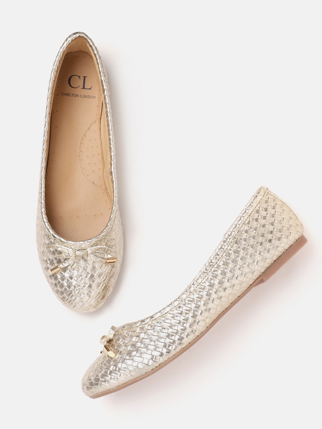 

Carlton London Women Muted Gold-Toned Basketweave Ballerinas with Bow Detail