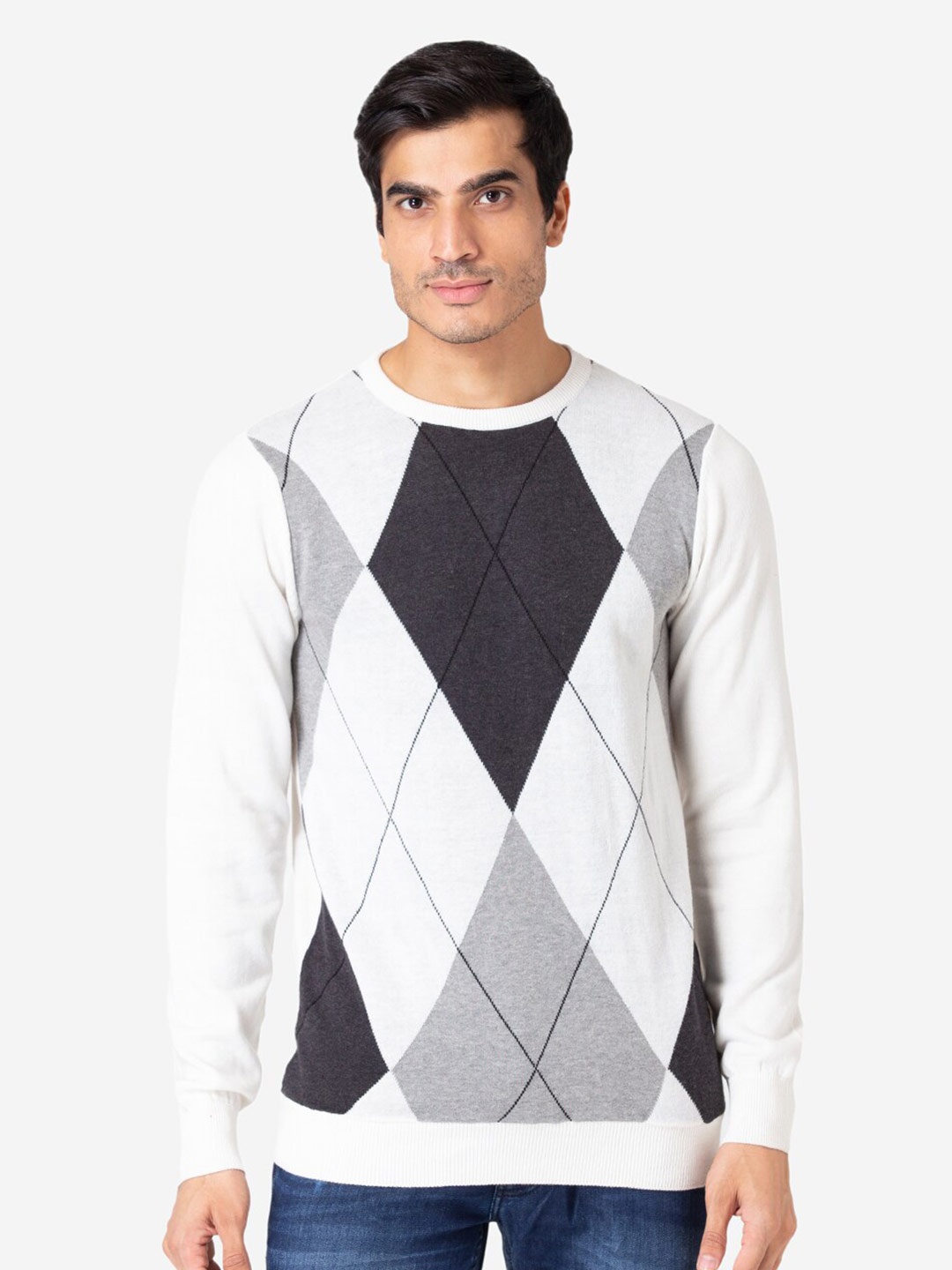 

Allen Cooper Men White Melange & Grey Checked Pullover Sweater, Grey melange