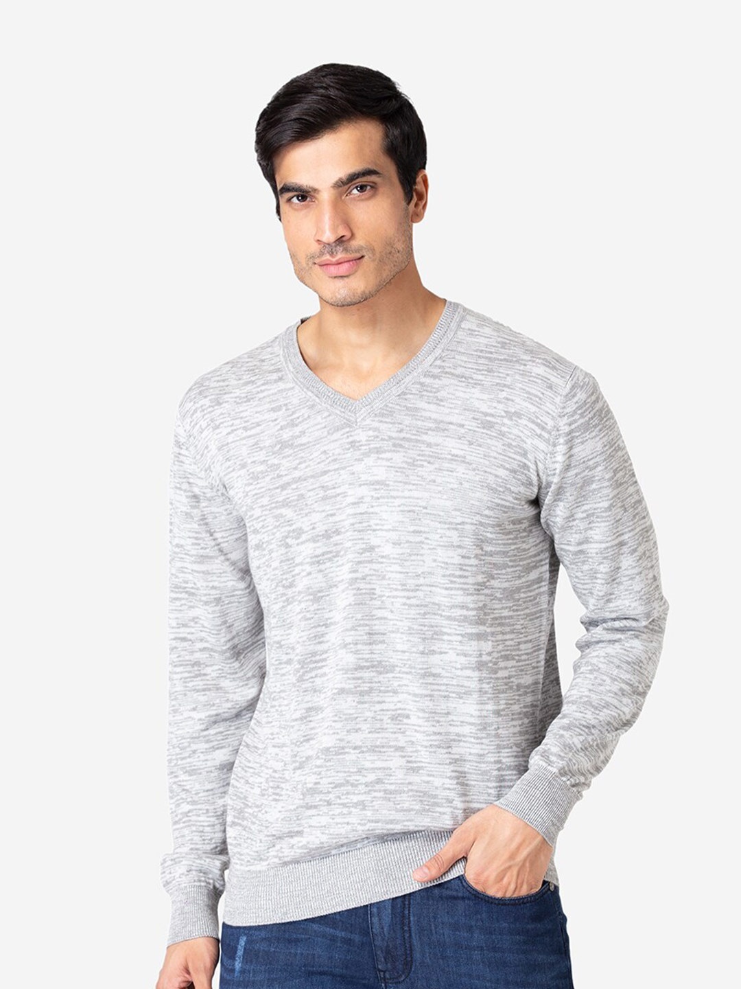 

Allen Cooper Men Grey Melange Self Designed Pullover Sweater