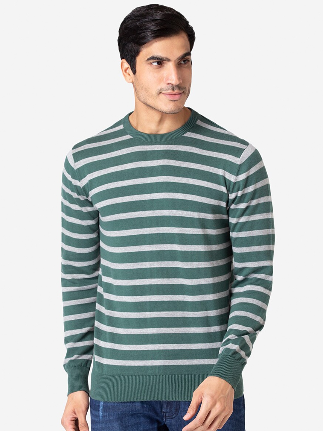 

Allen Cooper Men Green & White Striped Pullover Sweater