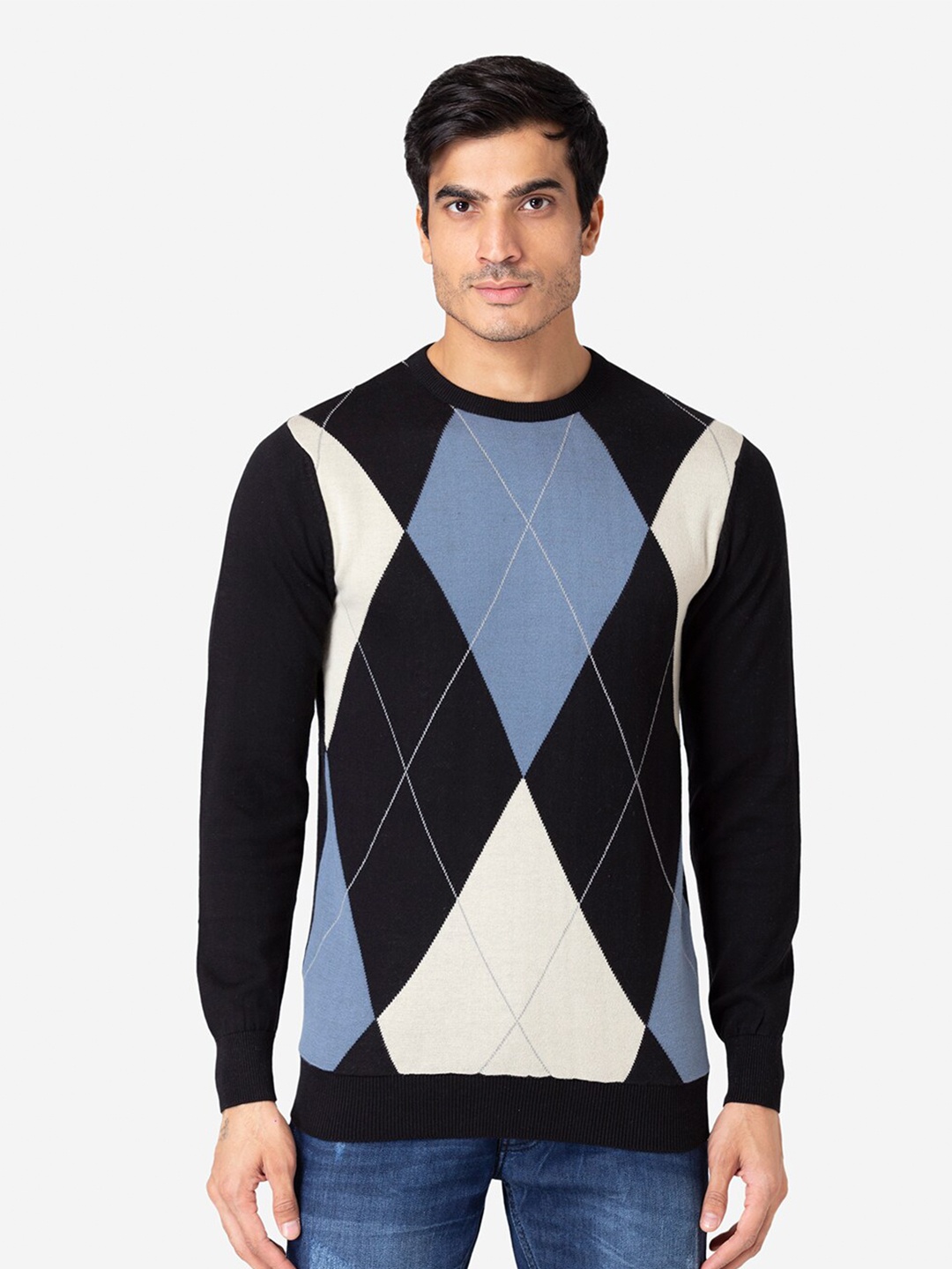 

Allen Cooper Men Black & Blue Checked Pullover Sweater