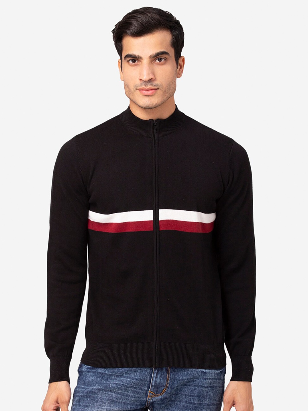 

Allen Cooper Men Black Striped Cardigan Sweater