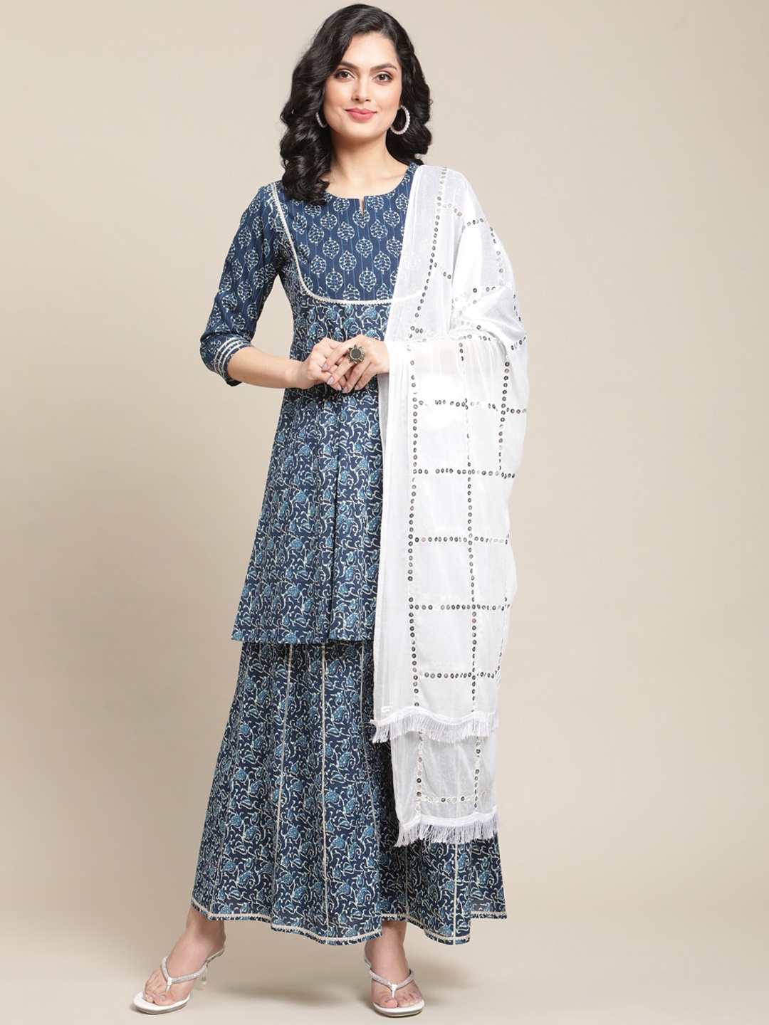 

Varanga Women Navy Blue Ethnic Motifs Printed Pure Cotton Kurta with Palazzo & Dupatta