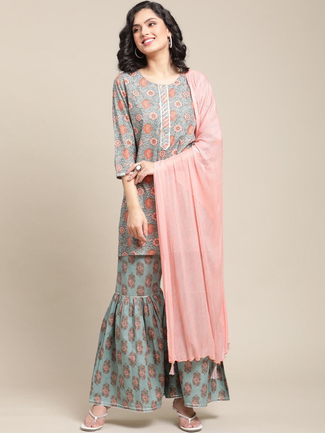 

Varanga Women Sea Green & Pink Floral Printed Pure Cotton Kurta with Sharara & Dupatta