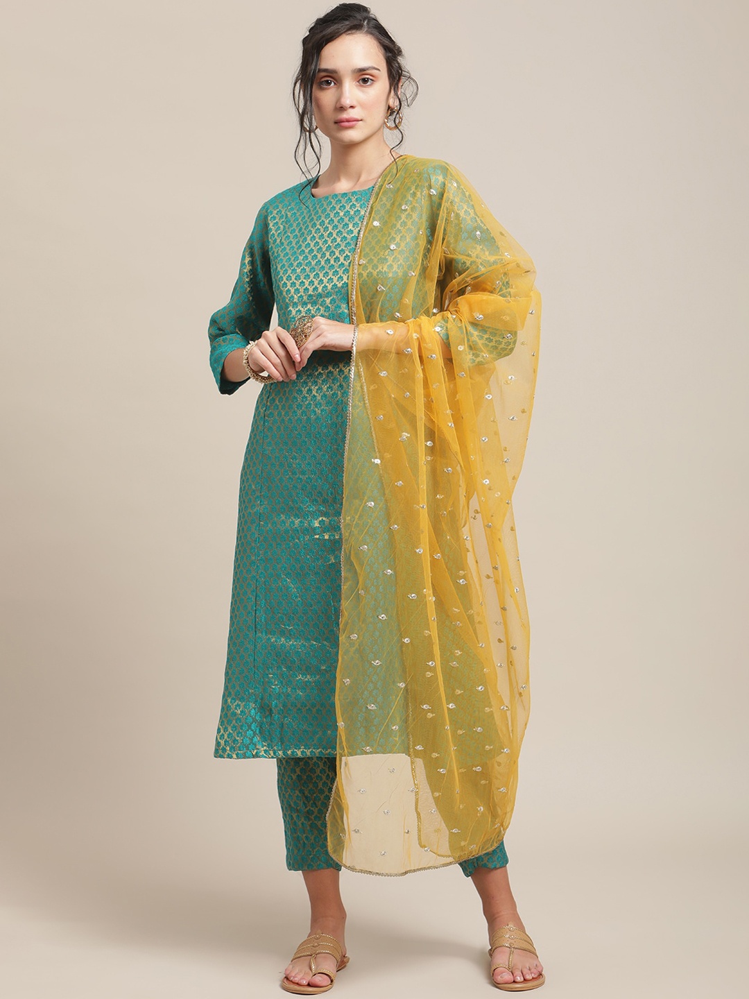 

Varanga Women Teal Woven Design Panelled Kurta with Trousers & With Dupatta