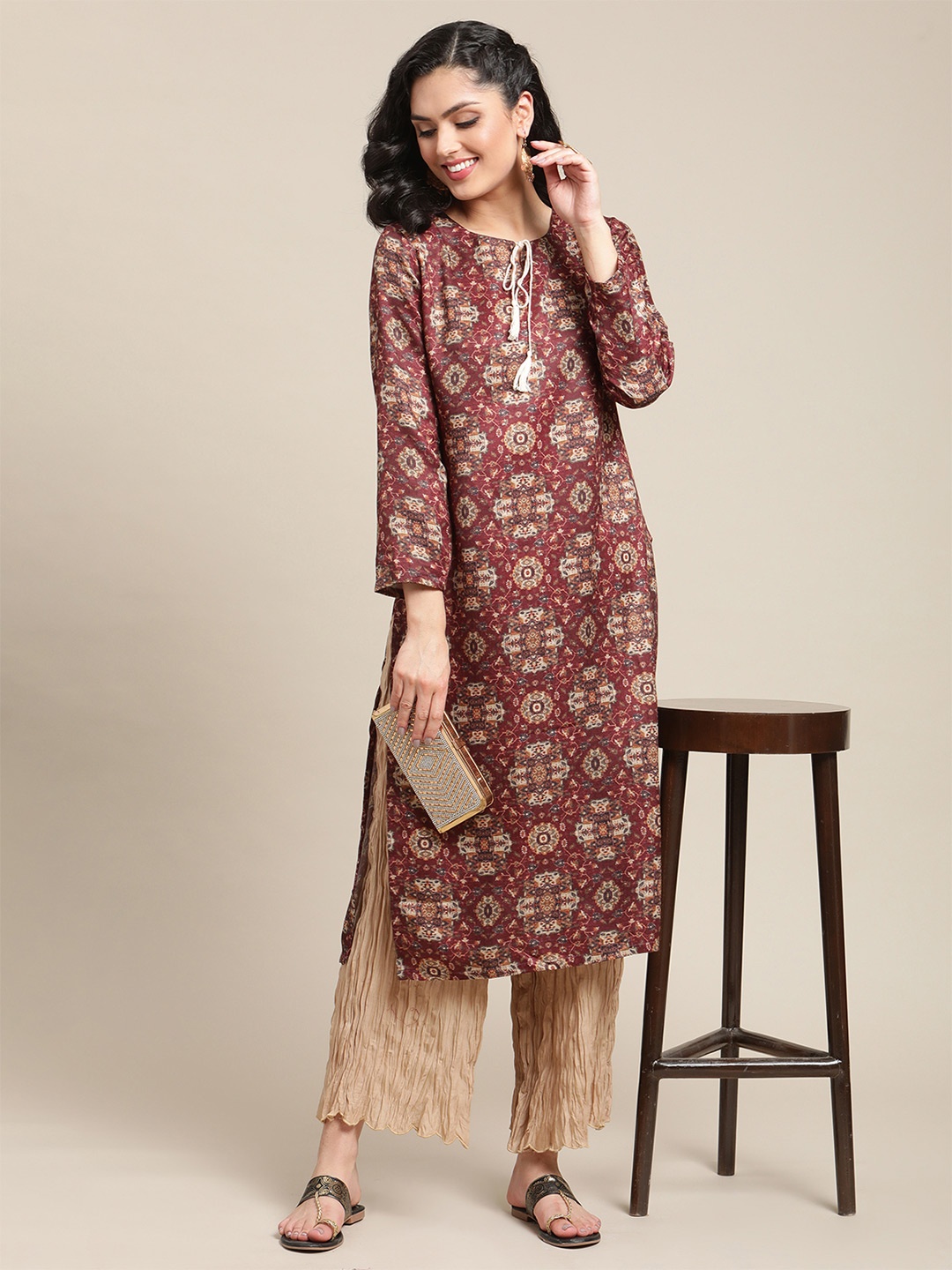 

Varanga Ethnic Motif Printed Winter Straight Kurta, Brown