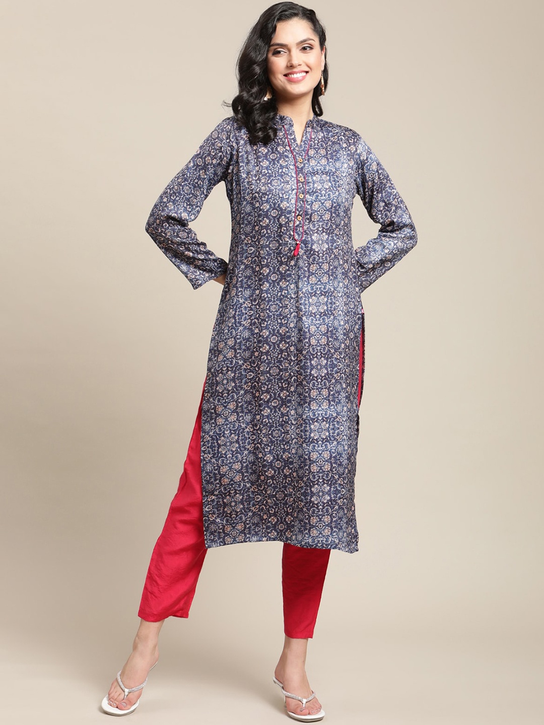 

Varanga Blue & White Floral Printed Mandarin Collar Woolen Straight Kurta