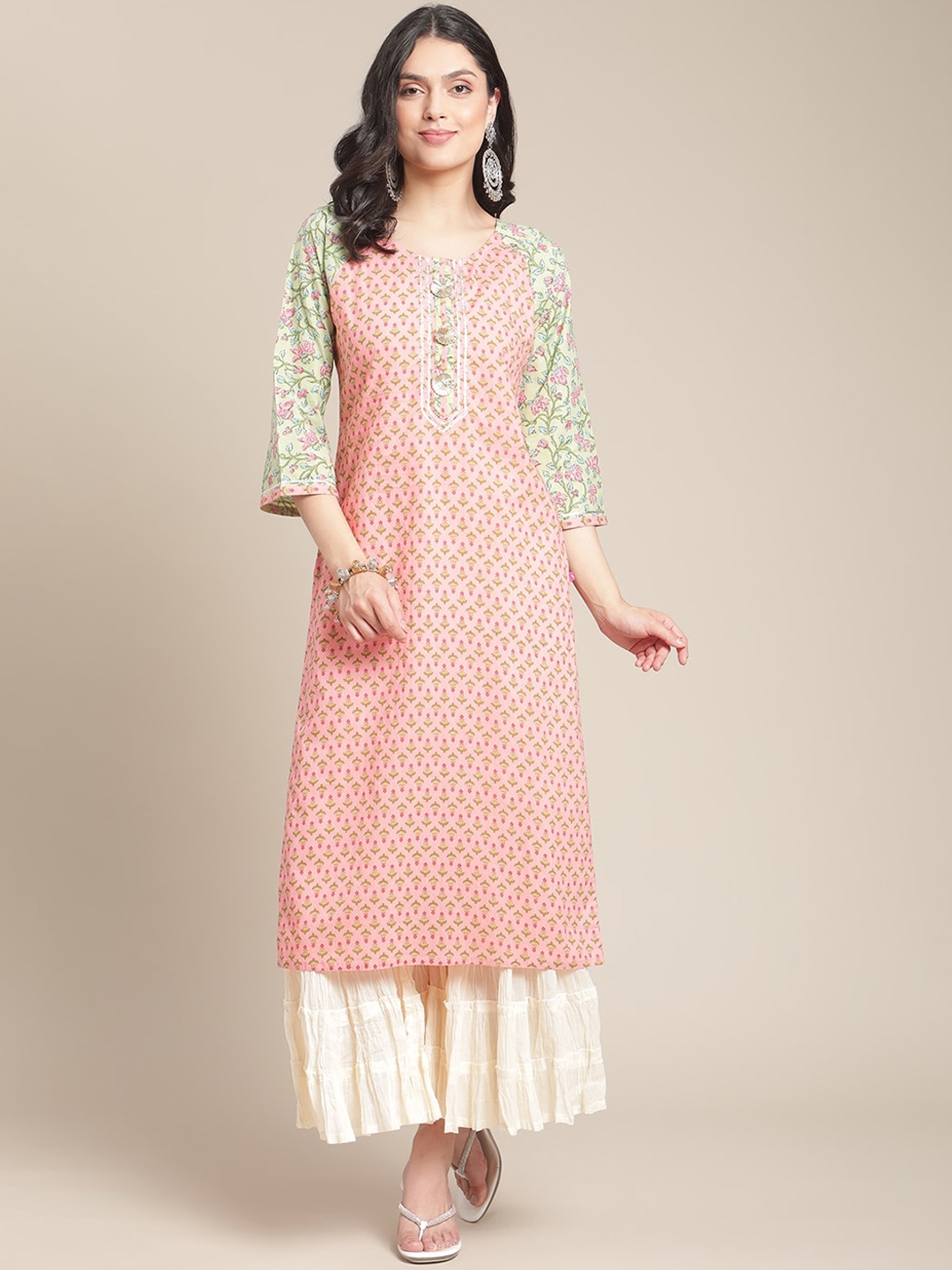 

Varanga Women Pink & Green Ethnic Motifs Printed Straight Kurta